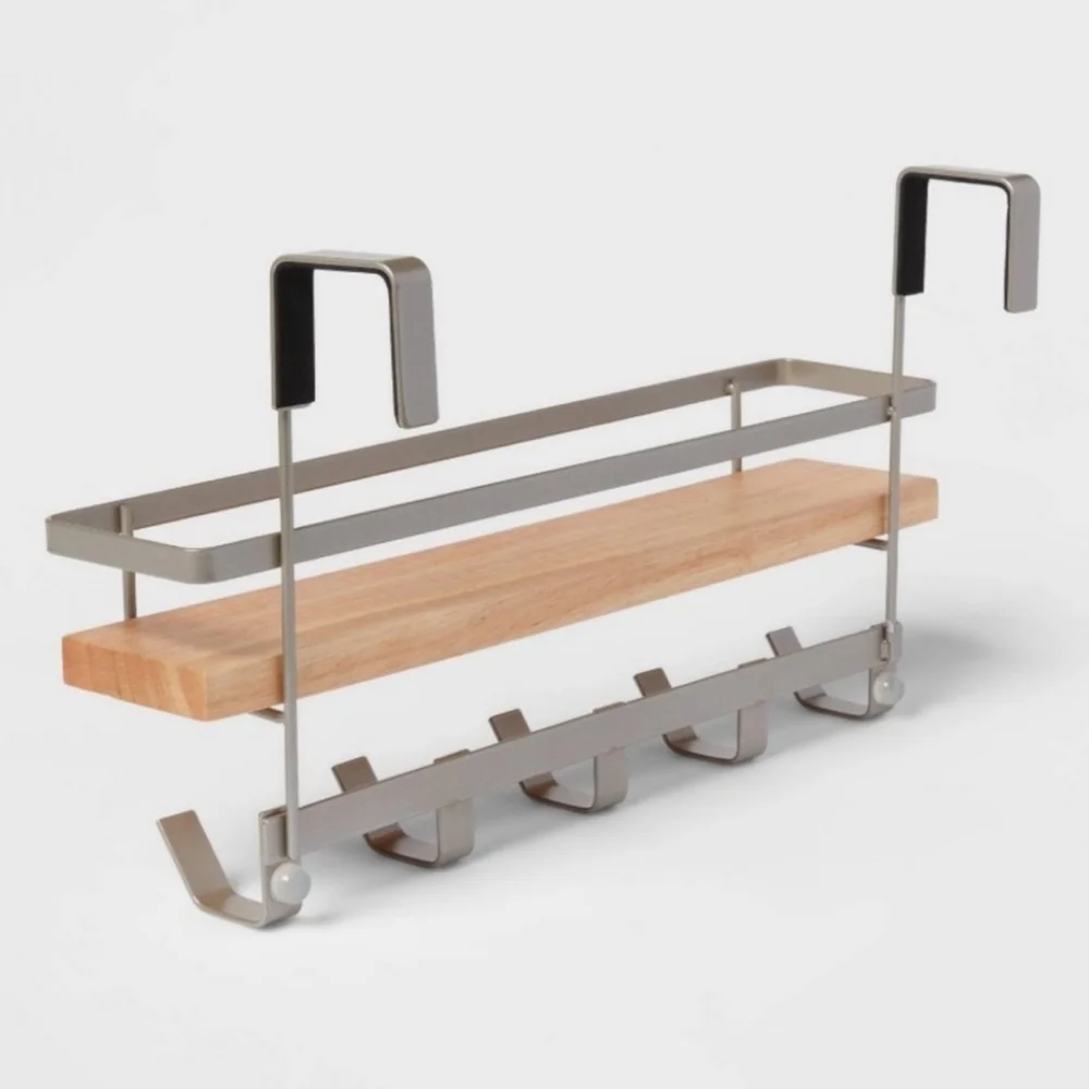 Shelf Rack with 5 Hooks Brushed Nickel - Brightrooom